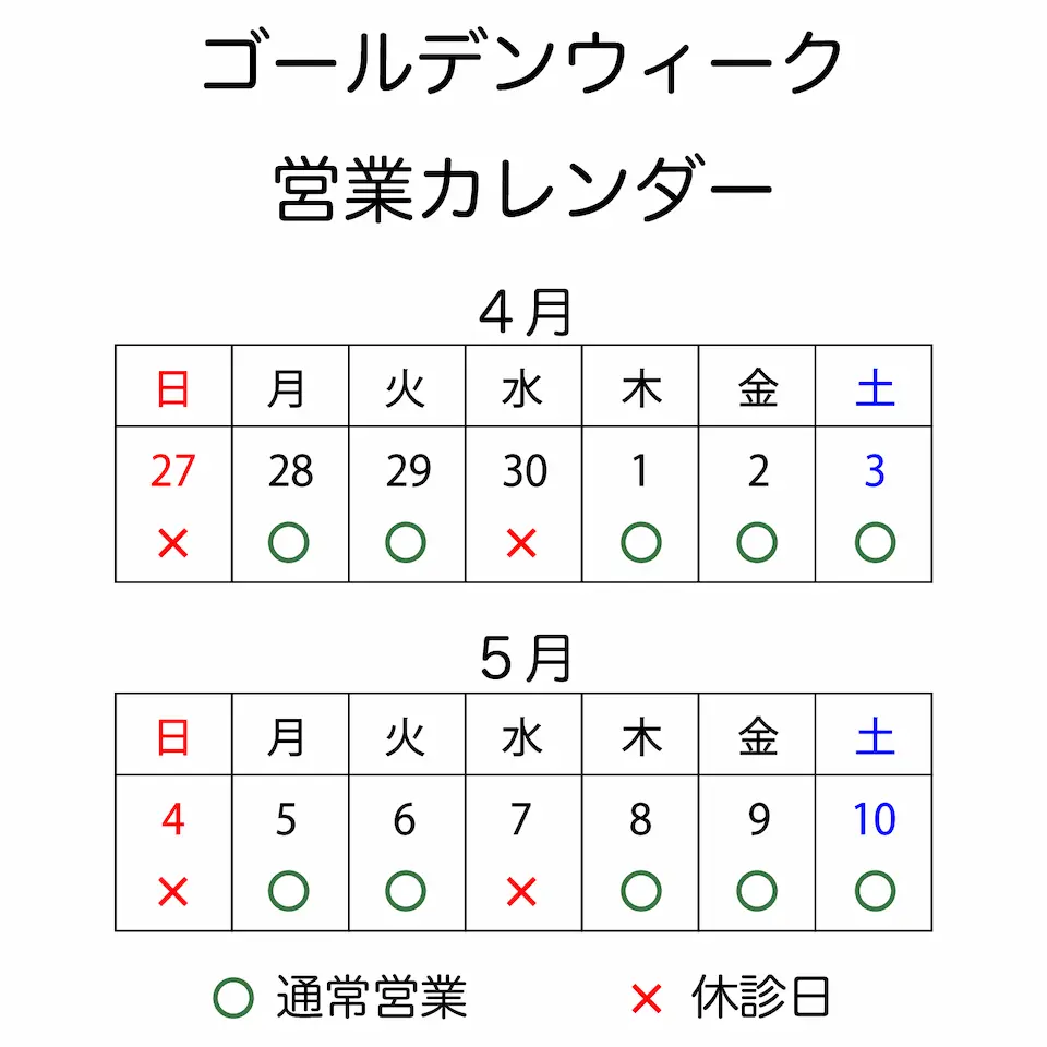 ゴールデンウィーク（２０２５）営業カレンダー