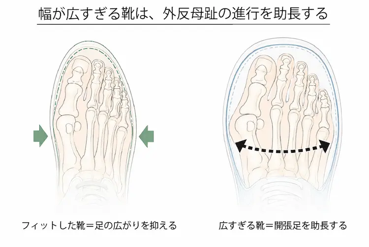 幅が広すぎる靴は、外反母趾の進行を助長
