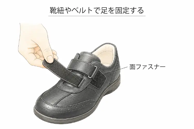 靴紐やベルトで足を固定する
