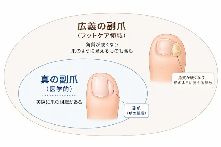 真の副爪と広義の副爪を説明したイラスト