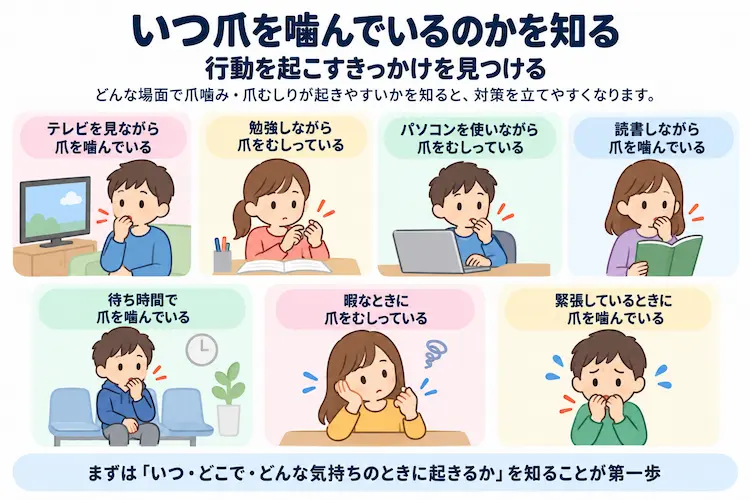 テレビを見ながら爪を噛んでいる勉強しながら爪をむしっているパソコンを使いながら爪をむしっている読書してながら爪を噛んでいる待ち時間で爪を噛んでいる暇なときに爪をむしっている緊張しているときに爪を噛んでいる