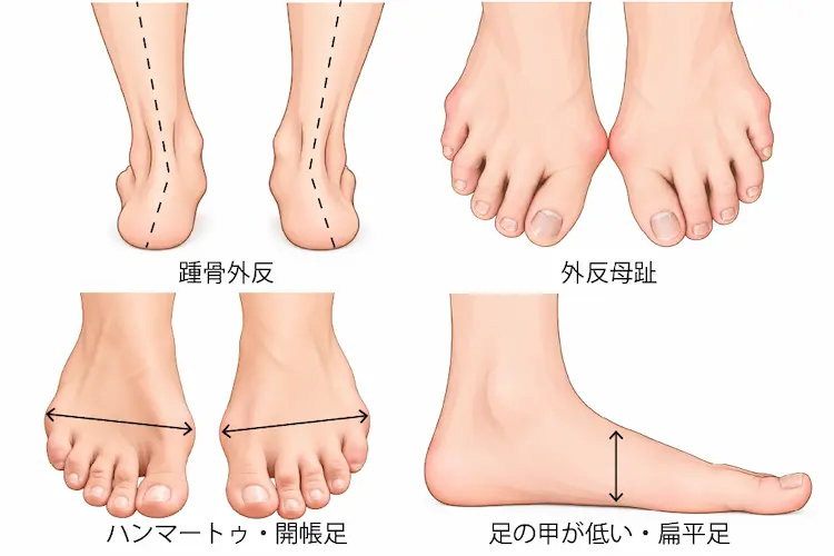 踵骨外反、外反母趾、足の甲が低い、扁平足、快調速、ハンマートゥのイラスト