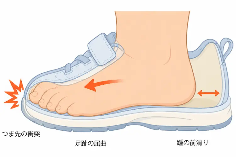 大きい靴を履いて足が前に滑っている様子のイラスト