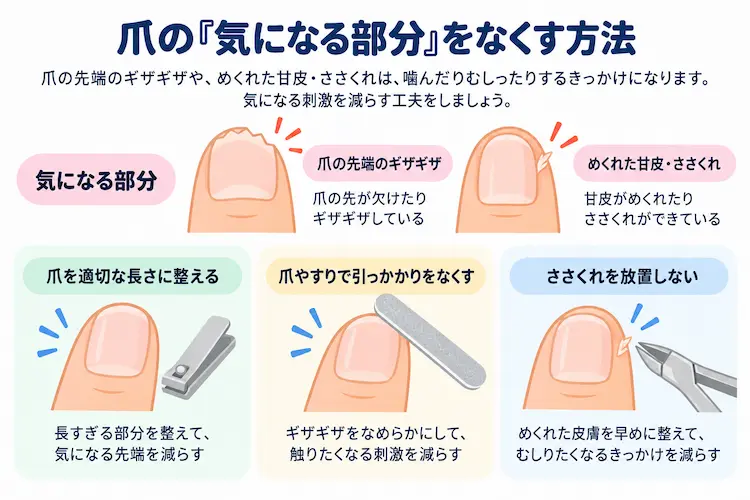 爪を適切な長さに整える爪やすりで引っかかりをなくすささくれを放置しない