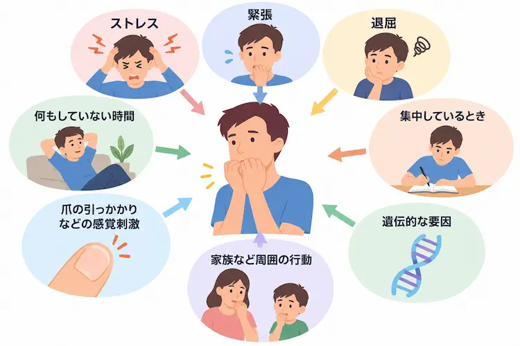 ストレス緊張退屈何もしていない時間集中しているとき爪の引っかかりなどの感覚刺激家族など周囲の行動遺伝的な要因を表すイラスト