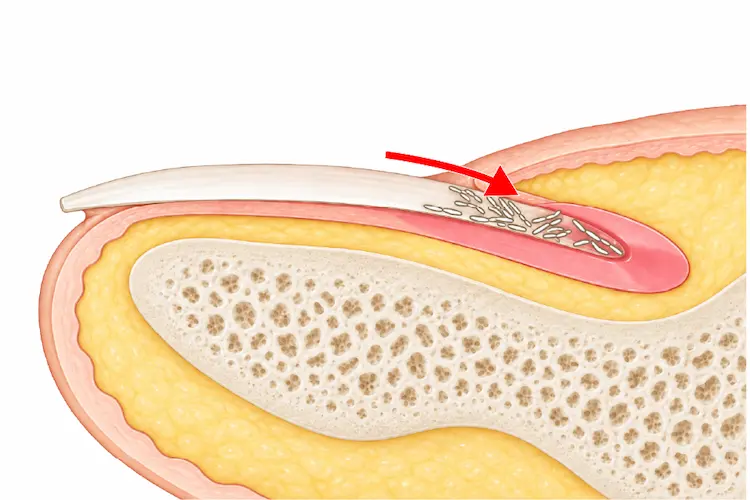 爪の根元から白癬菌が侵入して感染した様子のイラスト