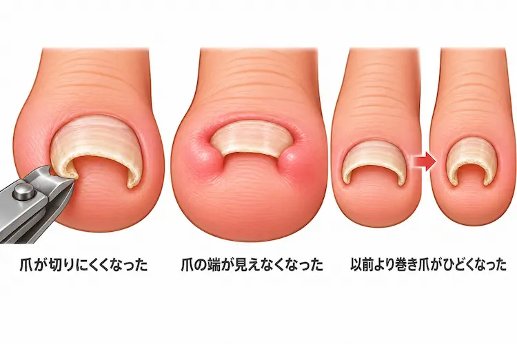 「爪が切りにくくなった」「爪の端が見えなくなった」「以前より丸くなった」イラスト