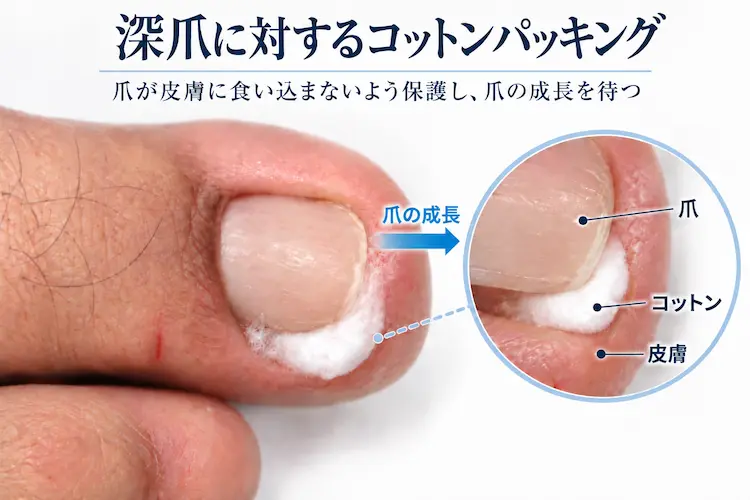 深爪とコットンパッキング解説図